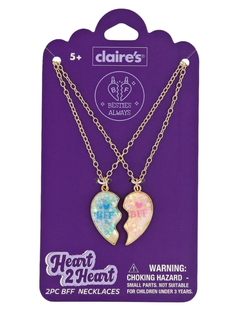 Claire's Gold-tone BFF Heart 2-Piece Necklace Set - Blue & Pink Glitter